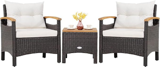 Tangkula 3-Piece Patio Furniture Set, Patiojoy Outdoor Rattan Sofa Set with Coffee Table, Patio Conversation Set with Removable Cushion, Cozy Acacia Wood Armrests for Backyard, Poolside (Off White)