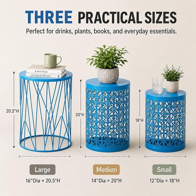 Y&M Outdoor Side Tables, Set of 3 Metal Stacking Patio Side Tables for Outside, Round Indoor End Tables, Coffee Accent Poolside Tables for Patio Garden Balcony, Blue