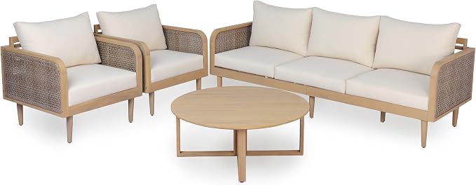 Christopher Knight Home Edward 4 Piece Patio Furniture Set with 3-Seater Sofa, Club Chairs And Coffee Table, 5 Seater Outdoor Acacia Wood Conversation Set, Patio Sofa Set, Light Teak+Light Brown+Cream