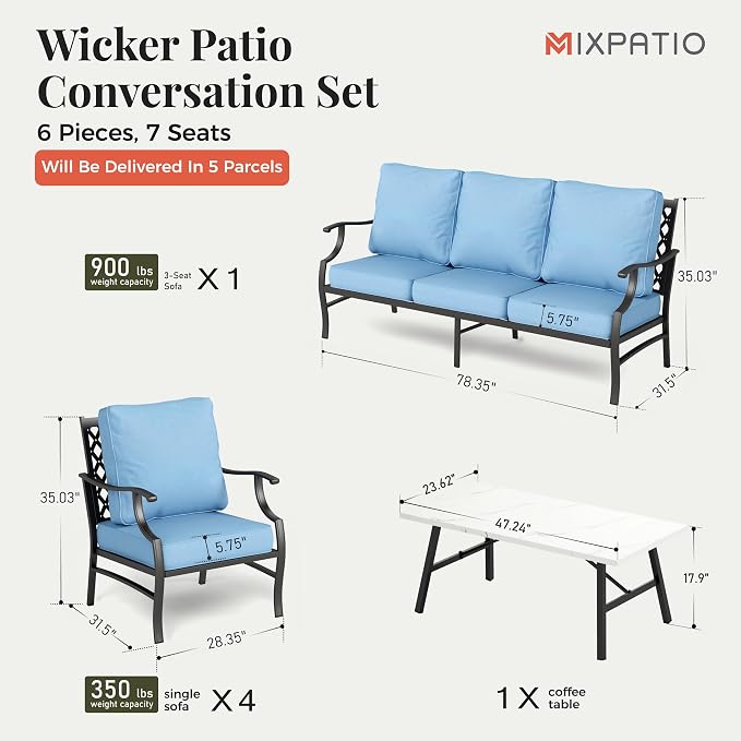 MIXPATIO Patio Furniture Set 6 pcs, Outdoor Patio Furniture, 1 X 3-Seat Sofa, 4 X Single Chairs, 1 X Coffee Table and 5.75" Extra Thick Cushion, Patio Conversation Set,Blue