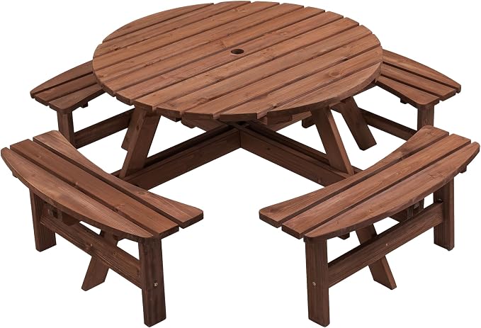 8 Person Wooden Picnic Table, Outdoor Camping Dining Table with Seat, Garden, DIY w/ 4 Built-in Benches, 2220lb Capacity Brown