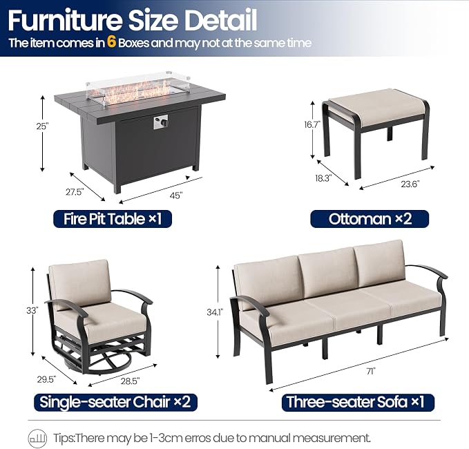 Aluminum Patio Furniture Set with Fire Pit Table, 7 Seats Outdoor Patio Conversation Sets with Swivel Chairs, Modern Metal Sectional Sofa with Upgrade Cushions for Patio, Backyard, Deck - Sand