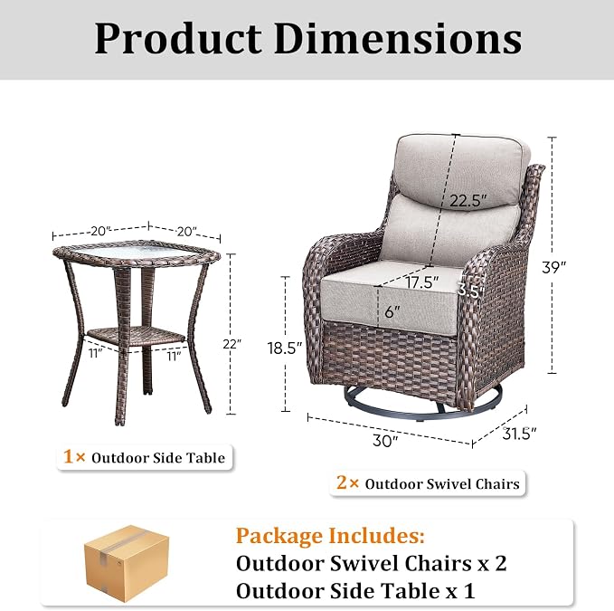 Luxury Outdoor Swivel Rocker Patio Chairs Set of 3, High Back Swivel Patio Chairs with Side Table & 6-Inch Thick Cushions, Wicker Outdoor Bistro Set for Porch, Yard, Deck, Poolside, Brown/Beige