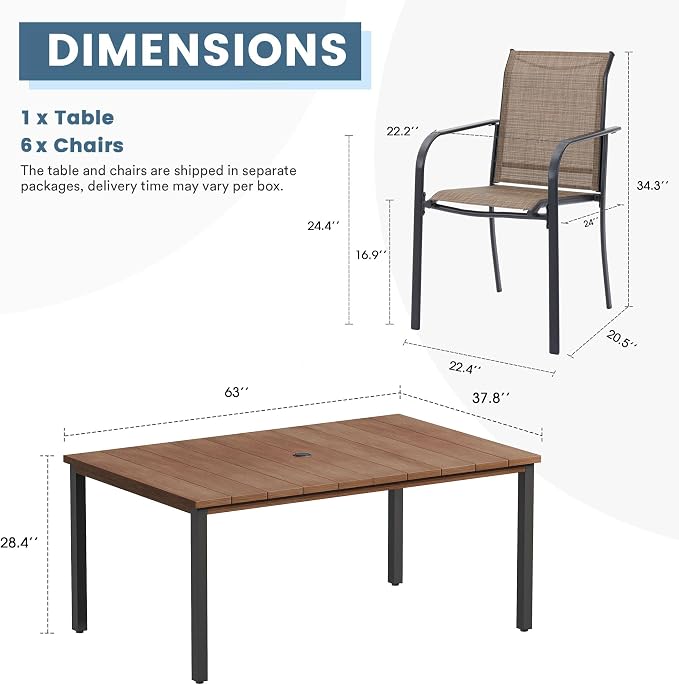 DIFY 7 Pieces Outdoor Patio Dining Set for 6, 63" Walnut Rectangle Metal Dining Table and 6 Brown Stackable Sling Dining Chairs, Outdoor Table and Chairs for Lawn Garden Backyard Deck