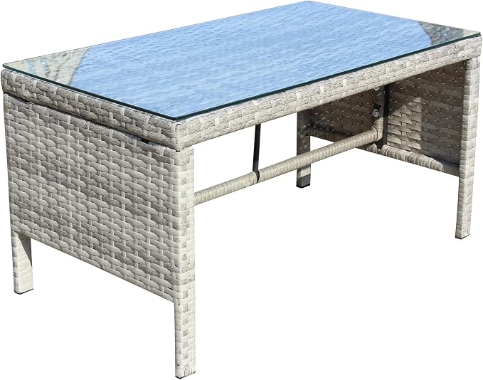 31.1" Outdoor Patio Side Table – Low Rectangle Coffee Table with Tempered Glass Top, Outdoor Wicker End Table for Backyard Deck Patio, 180 lbs Capacity, Grey