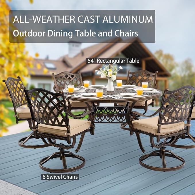 7-Pcs Cast Aluminum Patio Dining Set with 6 Swivel Chairs,Bronze | Outdoor Furniture Set Include 54" Round Dining Table and 6 Swivel Chairs with Cushions & Umbrella Hole