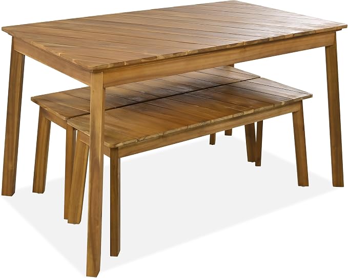 3-Piece Acacia Wood Patio Dining Set with Table and 2 Benches | Weather-Resistant Outdoor Furniture for Backyard, Garden, Deck or Balcony, Seats 4-6 with Rounded Edges and Foot Pads