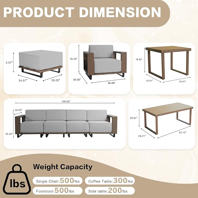 10 Pieces Outdoor Patio Furniture Set, PE Rattan Weaving Sofa with 10 inch Thick Cushions, Dining Table and Coffee Table with Steel Frame and Wooden Board, Brown/Light Gray Linen