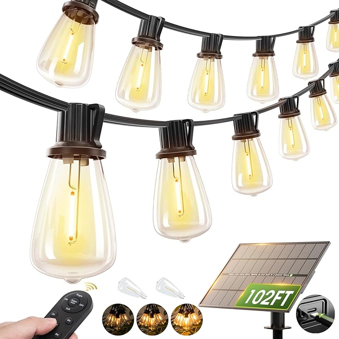 addlon 102FT Solar String Lights Outdoor, Waterproof,Dimmable, Last 20+ Hrs | Ideal for Large Backyard, Garden, Wedding, Party, Camping, 30+2 Shatterproof LED Bulbs, Timer Via Remote, Easy Install