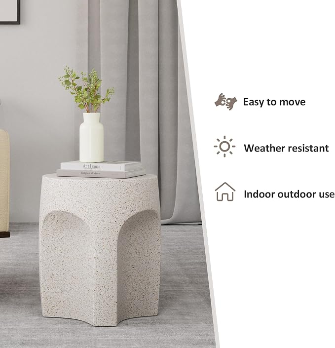 HOMPUS Outdoor Side Table w Arch Shape, Unique Patio End Table, Round MgO Coffee Lightweight Concrete Accent, Modern Vintage Garden Plant Stand for Indoor Outdoor Use, White