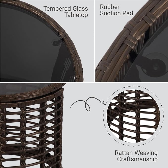 Kinfant Round Outdoor Wicker Coffee Table – Patio Side Table with Tempered Glass Top, Ottoman Style End Table for Balcony, Porch, Deck, Garden, Weather-Resistant Rattan, Easy Assembly