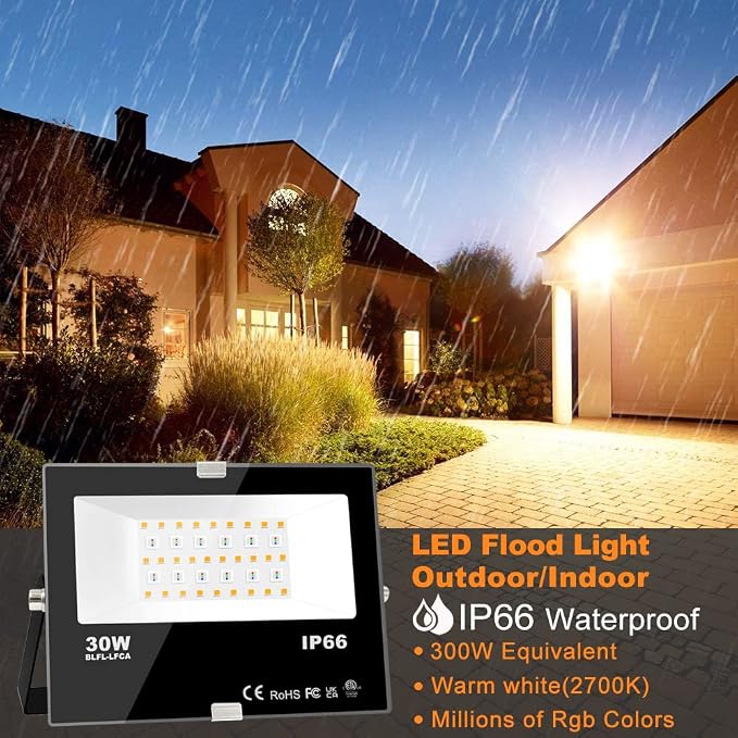 Led Flood Light Outdoor 30W,300W Equivalent, Color Changing RGB Lights | Remote Control, 120 RGB Colors, Warm White 2700K, Timing, Custom Mode, Uplight Landscape Lights,IP66 US 3-Plug (4 Pack)
