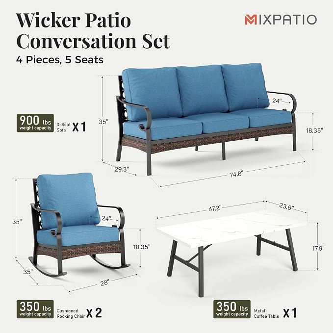 MIXPATIO Patio Furniture Set with Coffee Table, Outdoor Conversation Set with 2 x Rocking Chairs, 1 x 3-Seat Sofa for Lawn Garden Backyard, Navy Blue