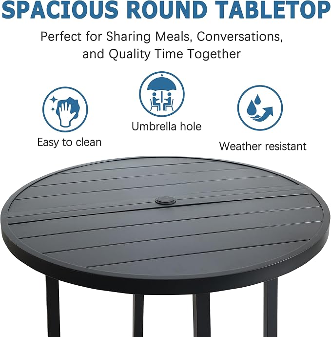 60" Round Patio Dining Table for 8, All-Weather Metal Patio Table with Umbrella Hole, Outdoor Round Dining Table for Lawn Garden Porch, Black