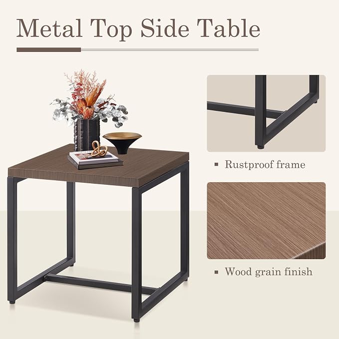 Belord Small Outdoor Side Table: 50 Lbs Weight Capacity Square Metal Patio Side Table with Anti-Rust Frame, Modern Outdoor End Table Furniture - Brown