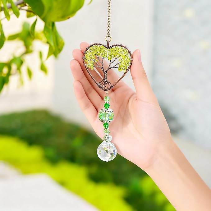 Green Tree of Life Crystal Suncatcher Car Rear View Mirror Charm Decor | Crystal Tree of Life Suncatcher Rainbow Maker Feng Shui Pendant for Car Rear View Mirror Window Garden Home Office Decor