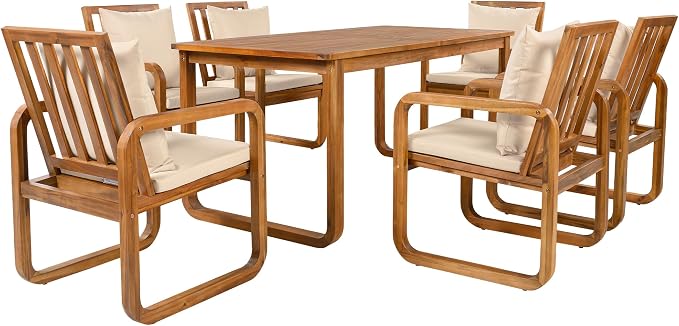 Merax 7 Pieces Patio Dining Set, Outdoor Acacia Wood Furniture for 6, with Table and Removable Cushioned Chairs for Backyard, Brown