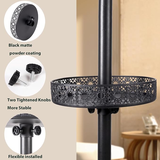 11'' Patio Umbrella Table Tray for Outdoor, Portable Round Table Tray with Umbrella Hole for Beach Patio Garden Pool Umbrella, Hollow Sunflower Shape, Black