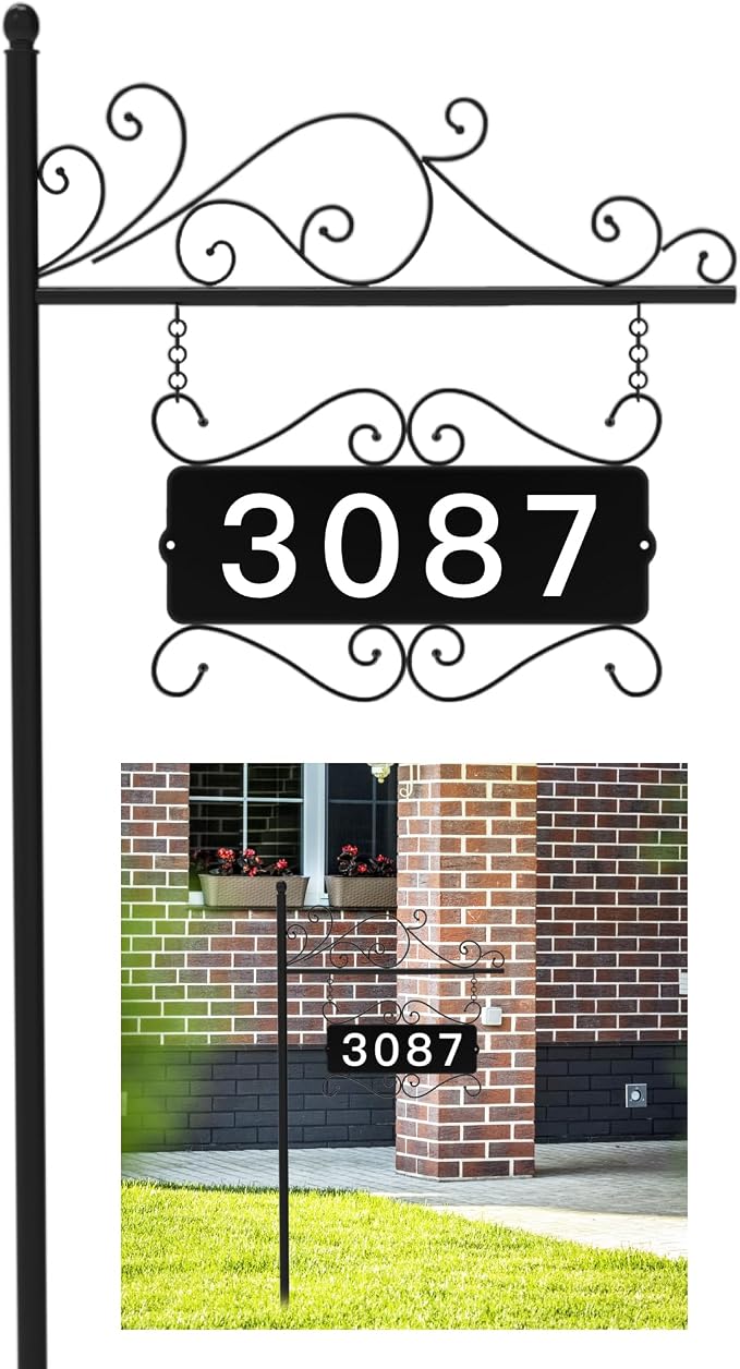 Metal Address Sign, Home Numbers Plaque, Address Post Sign Double-Sided | Suitable as a housewarming gift or decorative item, Street House Numbers for Home Street Mailbox Garden Yard (44" Pole)