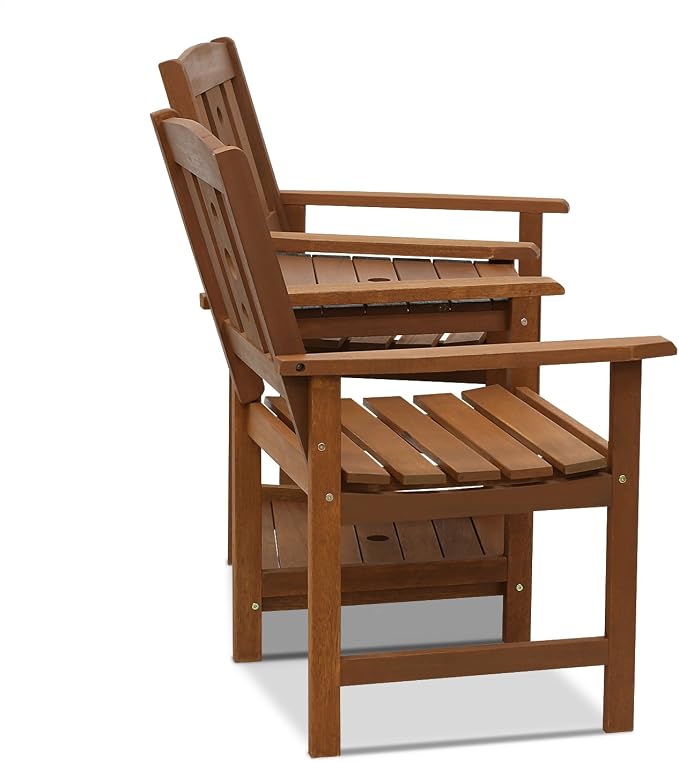 Furinno TIOMAN Outdoor Dining Set, 2-Seater Wood Patio Set, Chairs for 2 & Side Table, with 2-Tier Shelf and Umbralla Holes, for Patio, Garden, Porch, Light Wood