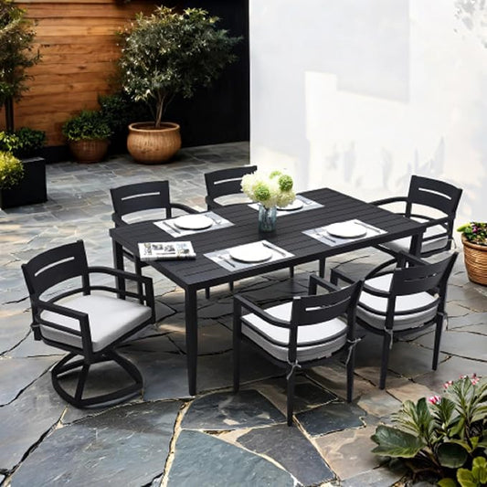 7-Piece Outdoor Patio Aluminum Furniture, Modern Dining Set, Including 4 Dining Chairs & 2 Swivel Rockers and Rectangle Dining Table with Umbrella Hole, Ember Black