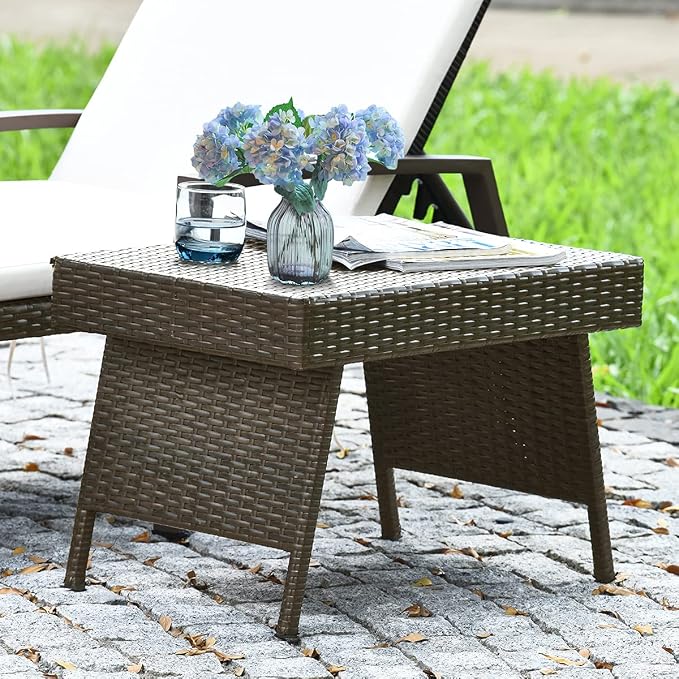 DREAMADE Rattan Side Table, Folding Small Patio Wicker Desk Outdoor Deck Furniture w/PE Rattan, Robust Metal Structure, Outdoor Coffee Table for Patio, Deck, Yard, Poolside, Garden, Balcony (Brown)