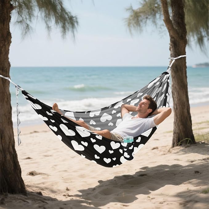 Camping Hammock Outdoor Hammocks for Outside White Heart Black Beach Trees Portable Lightweight with Pockets Tree Straps Indoor