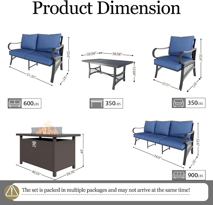 6-Piece Outdoor Furniture Set, Patio Conversation Set Include 3-Seater Sofa Single Chairs Loveseat Couch with Coffee Table and Fire Pit Table for Deck, Porch (Blue Cushions)