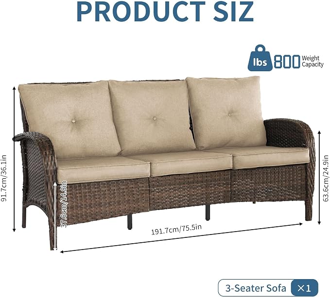 YLGJ&TIDY Outdoor Furniture 2PCS Set All-Weather Brown Wicker Patio Conversation Set 3 Seater Rattan Sofa Glass Coffee Table for Garden Backyard Porch Balcony w/Thick Cushions (Khaki,2PCS Sofa/Table)