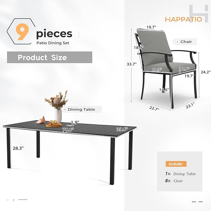 HAPPATIO 9-Piece Patio Dining Set, Outdoor Dining Set with Powder-Coated Metal,Dining Table with Umbrella Hole, 8 Stackable Chairs with Removable Cushions for Porch Poolside Garden,Grey