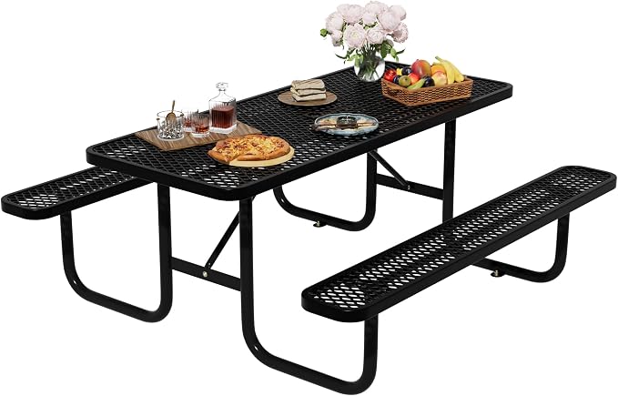 6FT Rectangular Steel Outdoor Picnic Table, Commercial Picnic Table Bench Set with Umbrella Hole, Weather-Resistant Heavy Duty School Dining Table for Stores, Park, Patio, Garden, Backyard, Black