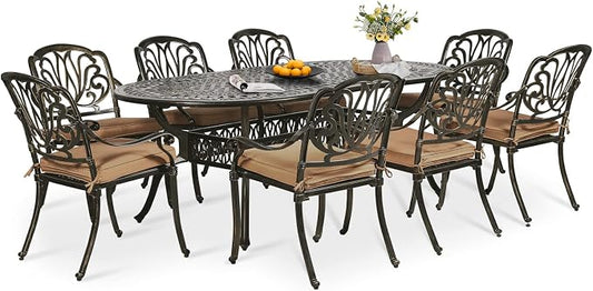 9-Piece Patio Dining Set, Outdoor Patio Table and Chair Set of 84” Oval Cast Aluminum Dining Table with Umbrella Hole and 8 Outdoor Dining Cushion Chairs, Patio Funiture Set for Lawn Garden
