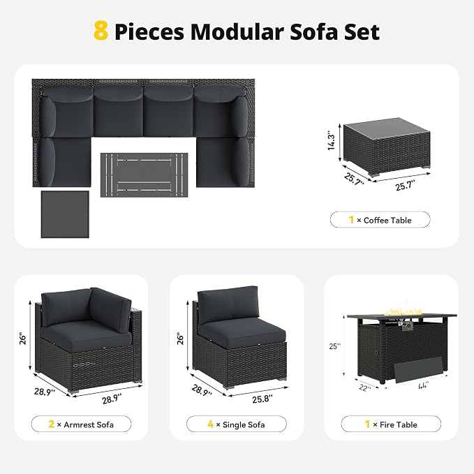 Aoxun Patio Furniture Set with Fire Pit Table, 8 Piece Outdoor Sectional Sofas, Wicker Rattan Outdoor Furniture with Thickened Cushion for Backyard, Garden Dark Grey