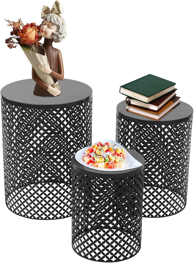 Nesting Tables Set of 3, Outdoor Side Table, Metal Frame Accent Table for Gardens, Balconies, bedrooms, Living Rooms, Kitchens, cafes, Black