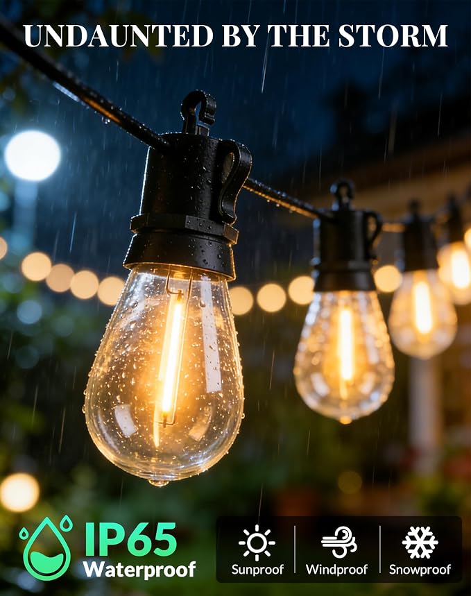 Outdoor String Lights Patio Light - 100Ft Outside Waterproof Dimmable Bulbs | S14 LED Remote Porch Light, Shatterproof Edison Bulbs Hanging Connectable Lighting for Gazebo Backyard Bistro Pergola, Timer