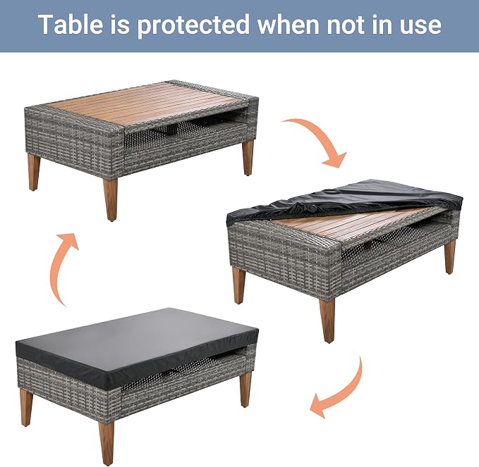 6 piece Outdoor PE Wicker Sofa Set, Outdoor Sectional Conversation Sofa with Double Cushions, Solid Wood Legs & Table Top, Patio Furniture Set for Backyard, Balcony, Gray+Beige