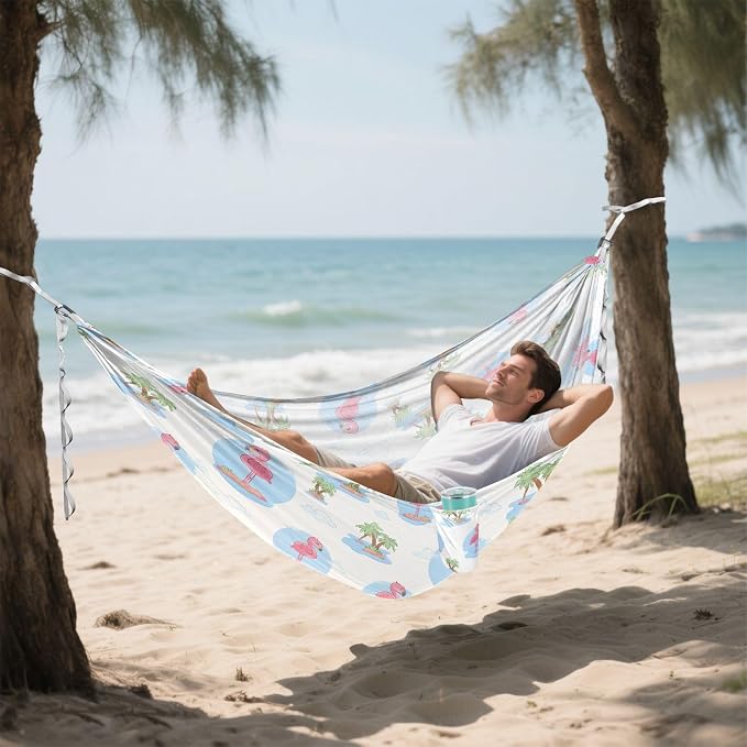 Camping Hammock Outdoor Hammocks for Outside Flamingo Palm Tree Beach Trees Portable Lightweight with Pockets Tree Straps Indoor
