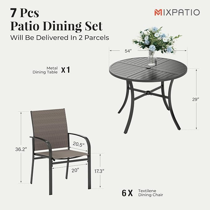 MIXPATIO 7 Pieces Outdoor Table and Chairs, Patio Dining Set for 6, 54" Round Metal Table and 6 Brown Chairs, Outdoor Dining Furniture Set for Lawn Backyard Deck