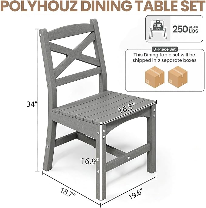 Outdoor Armless Dining Chairs Set of 8,HDPE Patio Chairs with Wide Seat,All-Weather HDPE Patio Armless Chairs for Porch, Backyard, Deck, White and Grey, Table not Included