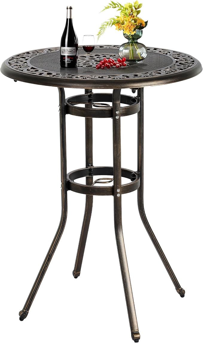 Grepatio 32" Outdoor Bar Table, Patio Cast Aluminum Height Bar Table, 41" Tall Patio Bistro Bar Table with Umbrella Hole, Round Patio High Top Dining Table for Garden Party