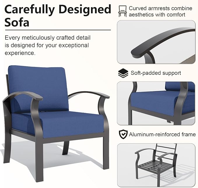 Gotland Aluminum Patio Furniture Set, Metal Outdoor Furniture with 2 Ottomans 5.1’’ High-Resilience Seat Cushions, 5 Piece Patio Set, Oversized Outdoor Sectional Patio Conversation Sets, Navy