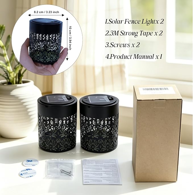 2 Pack Solar Fence Lights Outdoor, Decorative Solar Wall Lights with Peony Pattern, IP65 Waterproof LED Wall Sconce Lantern for Garden Yard Fence Decor, Patio Pathway, Gift for Women Mom