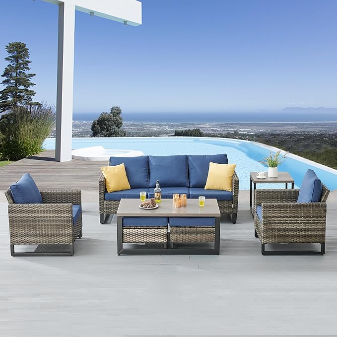 Belord 7 Piece Outdoor Furniture Patio Wicker Sofa Set Blue