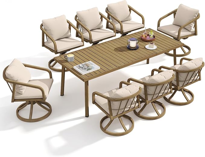 9-Piece Patio Dining Set with 8 Swivel Chairs, Never-Rust Aluminum Outdoor Dining Set, Patio Swivel Dining Set with Wraparound Seating, Outdoor Table and Chairs for Garden, Lawn, Deck, Teak