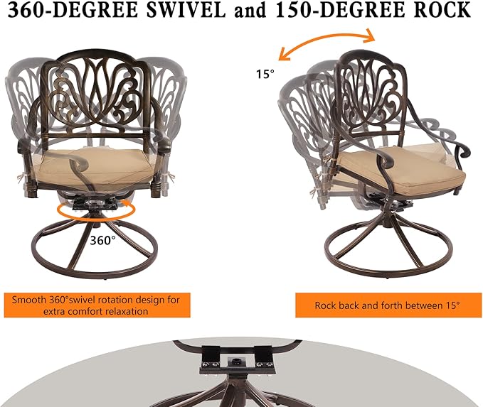 Grepatio 9 Piece Cast Aluminum Patio Furniture Set Outdoor Dining Set Bistro Furniture Set with 6 Chairs 2 Swivel and Dining Table with Umbrella Hole, 8 Cushions for Backyard Garden (Khaki)