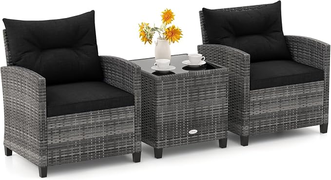 ORALNER Patio Furniture, 3 Pieces Outdoor Wicker Conversation Set Chairs with Soft Cushions and Glass Coffee Table, Rattan Bistro Set for Balcony Garden Deck Front Porch Poolside (Black)