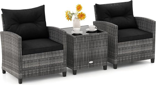 ORALNER Patio Furniture, 3 Pieces Outdoor Wicker Conversation Set Chairs with Soft Cushions and Glass Coffee Table, Rattan Bistro Set for Balcony Garden Deck Front Porch Poolside (Black)