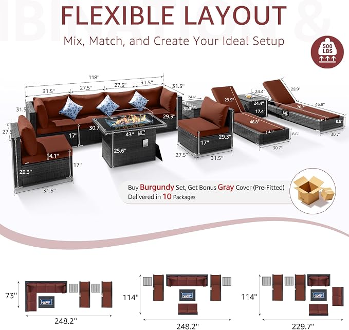NICESOUL 11-Piece Patio Furniture with Chaise Lounge, Modern Wicker Outdoor Sectional with Fire Pit, Comfortable 29.3'' High-Back Conversation Seating, Heavy Duty All-Weather Couch Set, Grey & Red