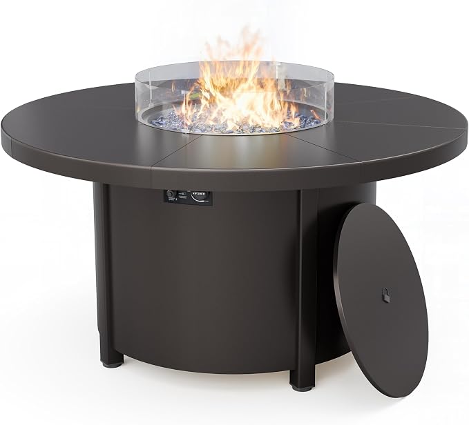ALAULM 7-Piece Outdoor Dining Set for 6 Metal Outdoor Patio Furniture with 6 Swivel Chairs & 40000 BTU Round Fire Pit Table for Patio, Backyard, Garden-Sand