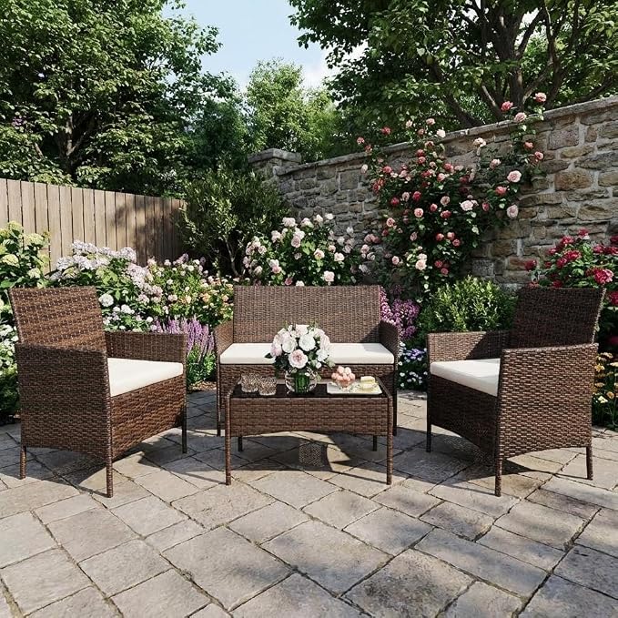 GarveeTech ﻿4 Pieces Patio Furniture Set, Rattan Patio Conversation Set with Coffee Table, Outdoor Furniture Set for Garden, Porch, Lawn & Balcony(Brown & Beige)